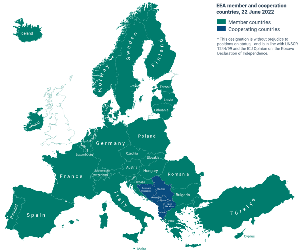 Mapa členských a spolupracujúcich krajín Európskej environmentlnej agentúry