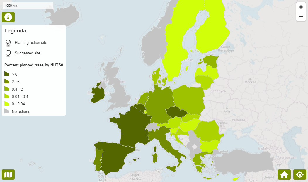 mapa s registrovanými stromami